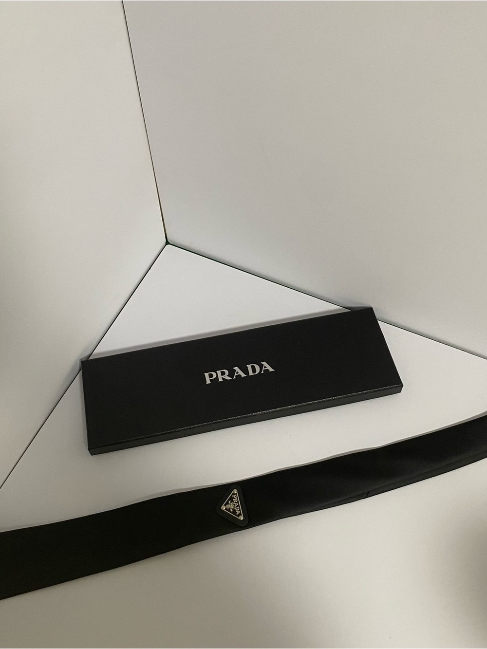 PRADA Black Leather Skinny Belt with Logo Triangle